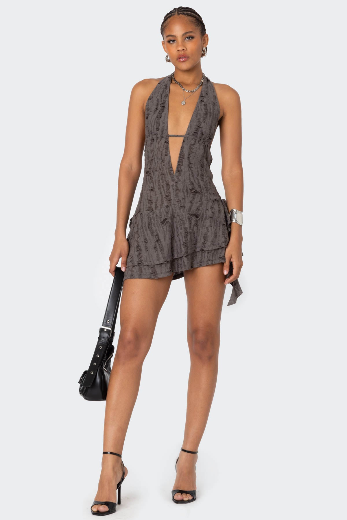 Glamorous Shredded Backless Halter Mini Dress